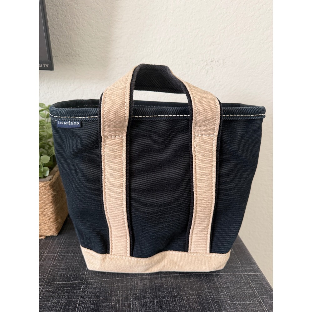 Lands End Small Canvas Tote Bag Navy Blue Tan Zip Top Small Handbag